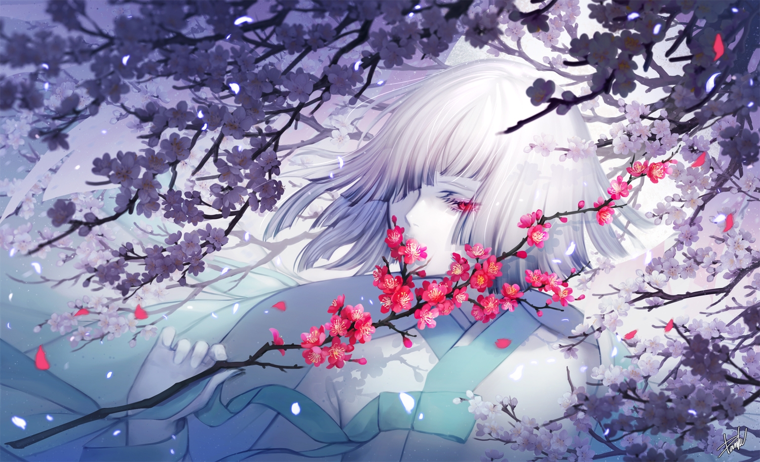 danhu, flowers, original, petals, red_eyes, short_hair, signed, white_hair