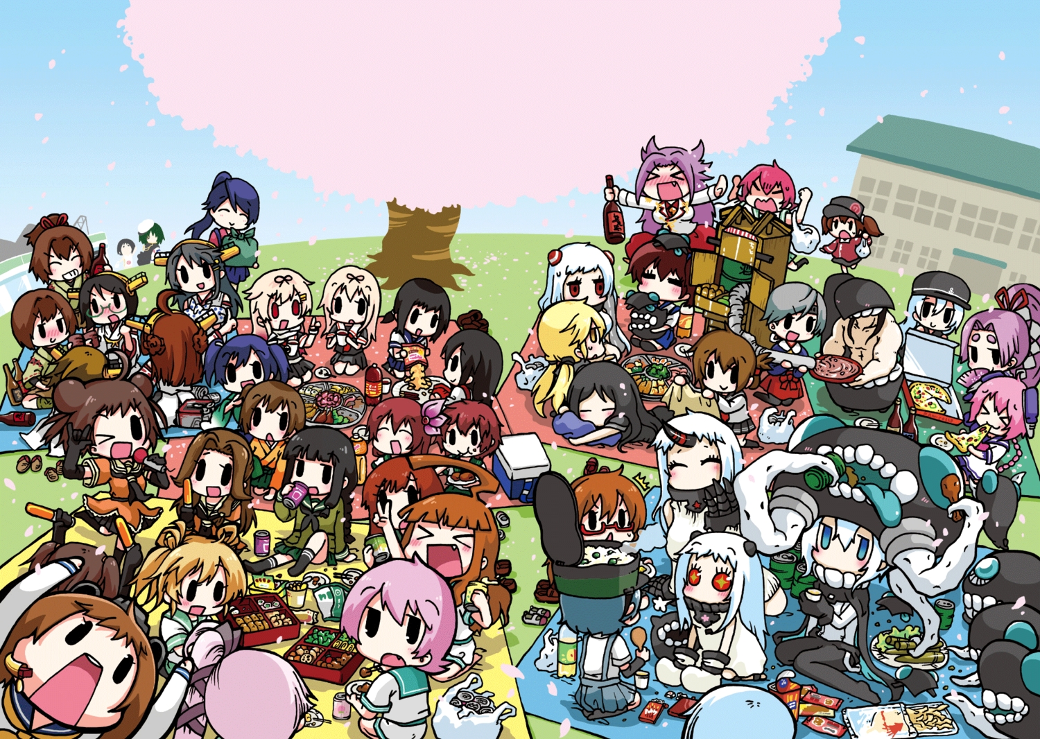 abukuma_(kancolle), airfield_hime, akagi_(kancolle), anthropomorphism, arare_(kancolle), chitose_(kancolle), drink, food