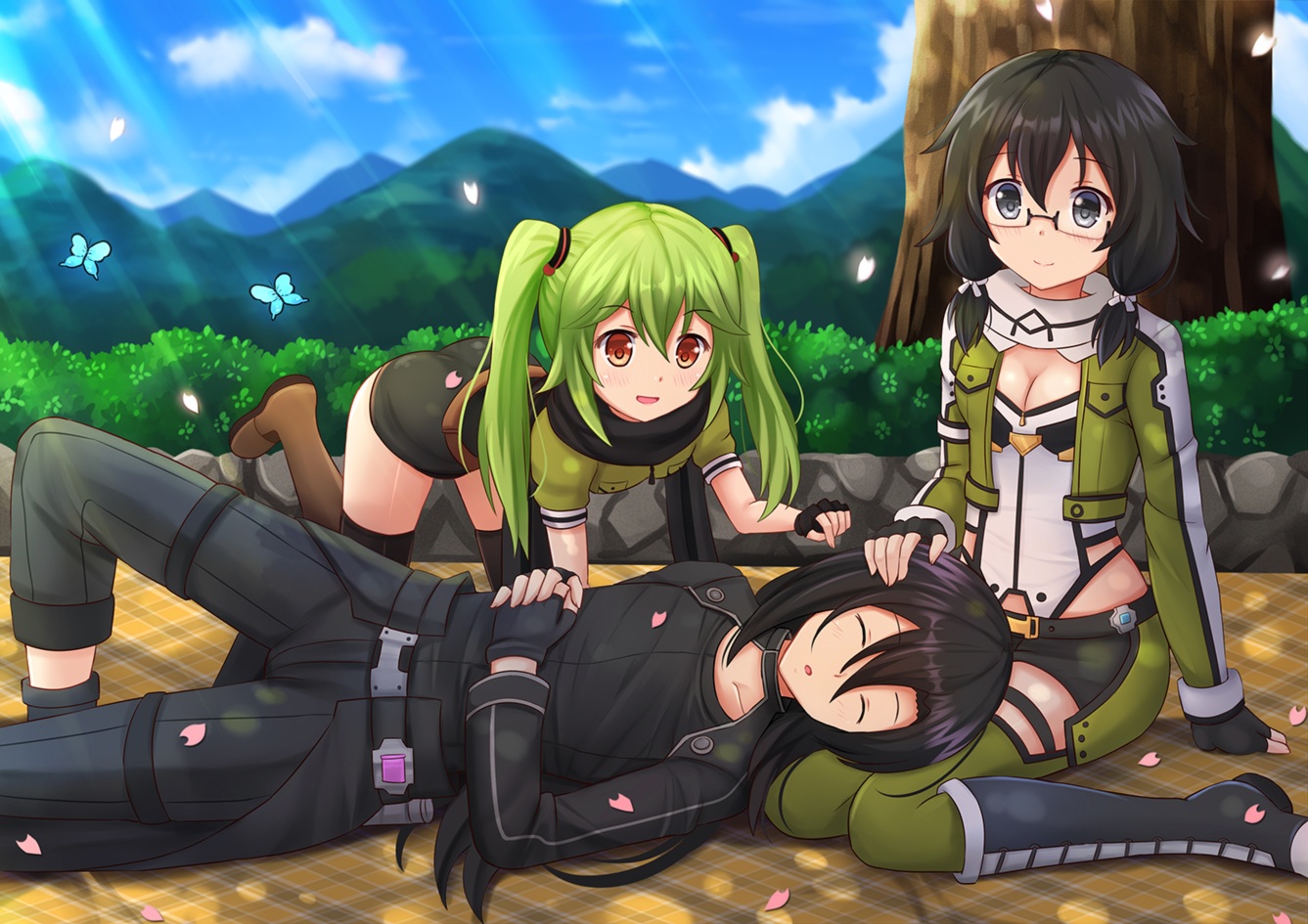black_hair, brown_eyes, gray_eyes, green_hair, group, hecate_(colette_hawkins), kazenokaze, kirigaya_kazuto, original, shinon_(sao), sleeping, sword_art_online, tagme