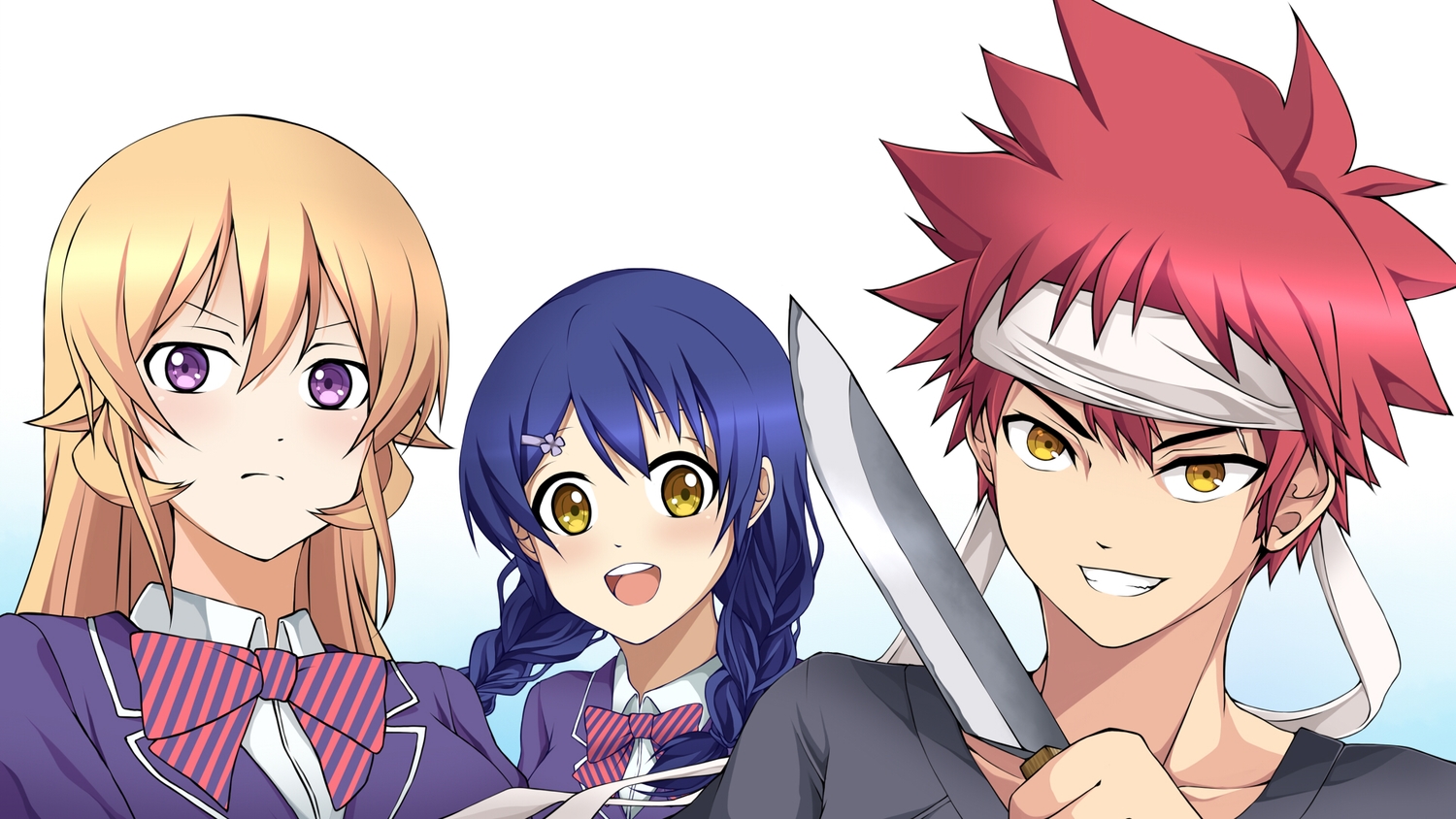 blonde_hair, blue_hair, braids, headband, karra_kon, knife, long_hair, male, nakiri_erina, purple_eyes, red_hair, school_uniform, shokugeki_no_souma, short_hair, tadokoro_megumi, yellow_eyes, yukihira_souma