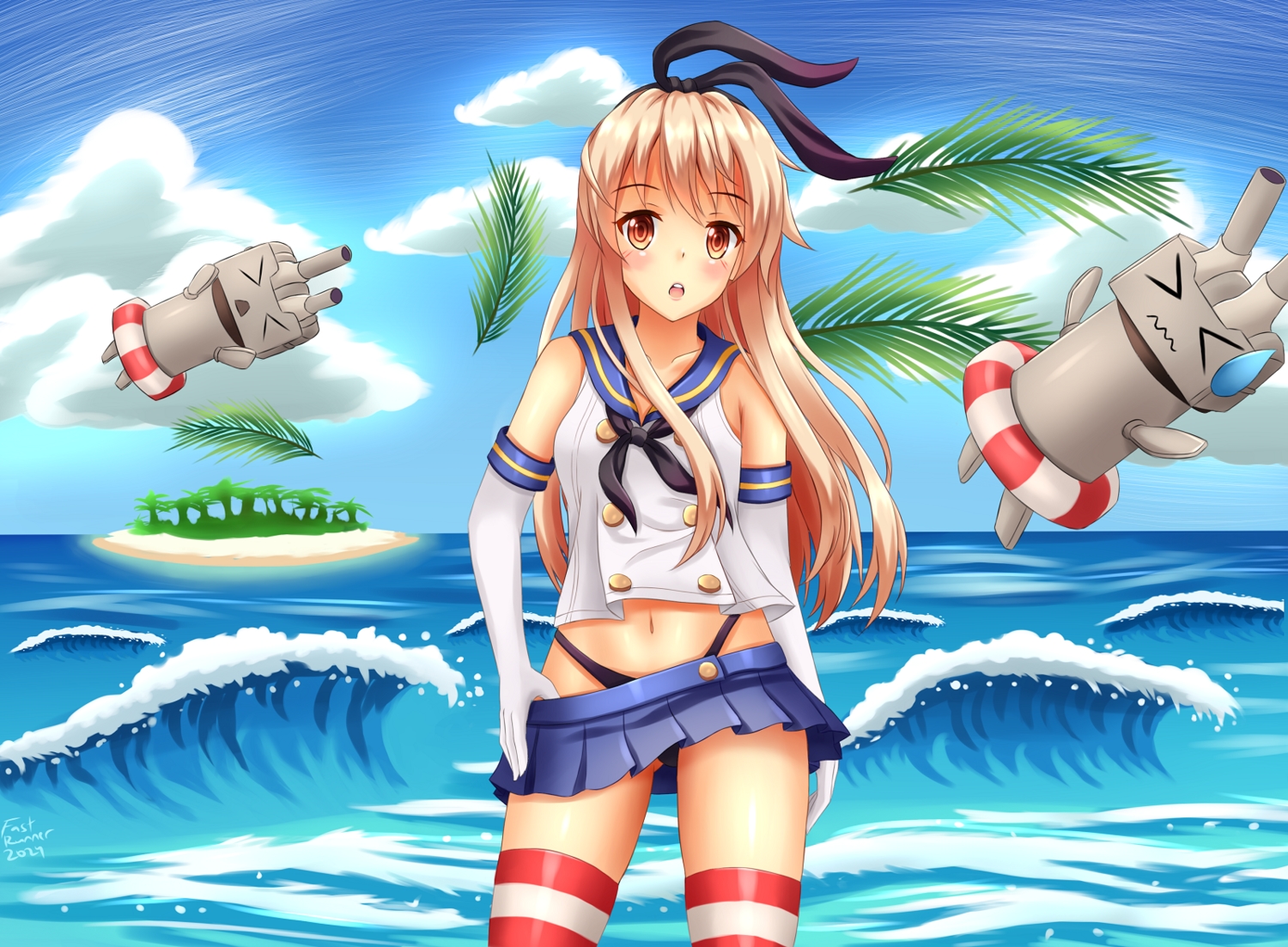 anthropomorphism, blonde_hair, clouds, elbow_gloves, fast-runner-2024, gloves, headband, kantai_collection