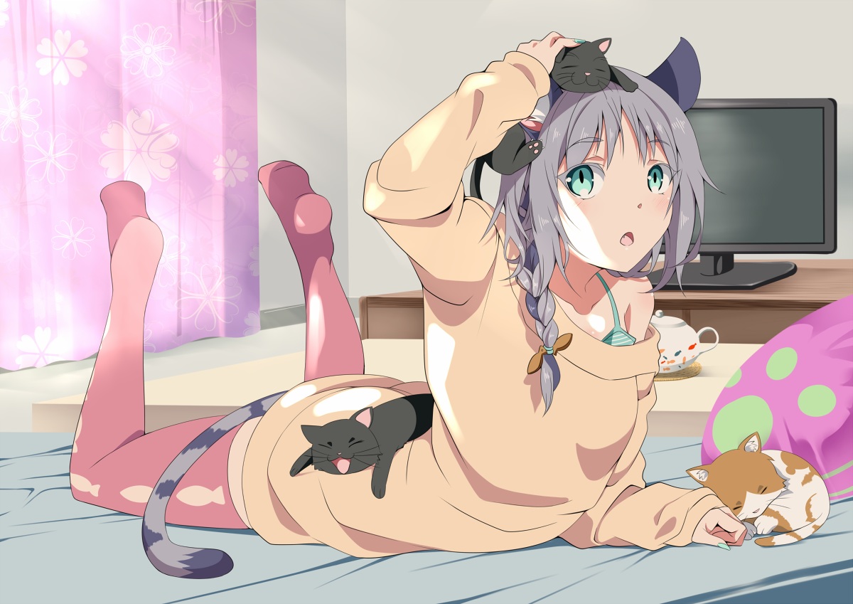 animal, animal_ears, aqua_eyes, bed, braids, cat, catgirl, gray_hair, kaeru_(ka=l), long_hair, original, ponytail, tail, thighhighs