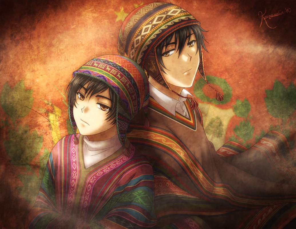 all_male, anthropomorphism, axis_powers_hetalia, black_hair, bolivia_(hetalia), brown_eyes, hat, kuraudia, male, peru_(hetalia), short_hair, signed, yellow_eyes