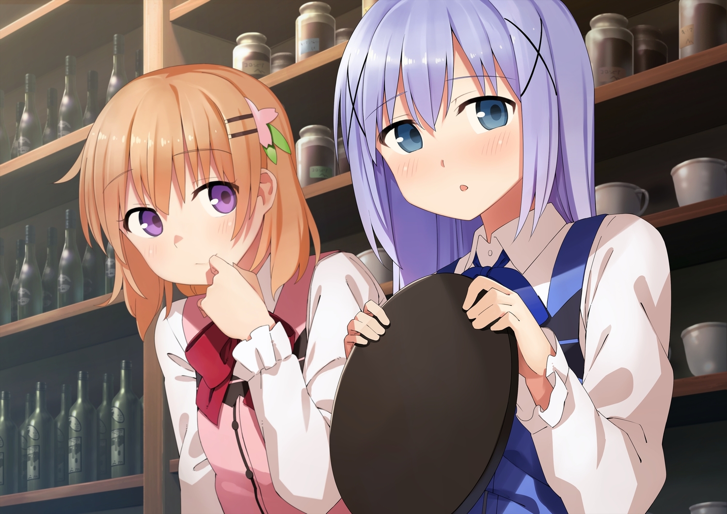 2girls, blush, dacchi, gochuumon_wa_usagi_desu_ka?, hoto_cocoa, kafuu_chino, waitress