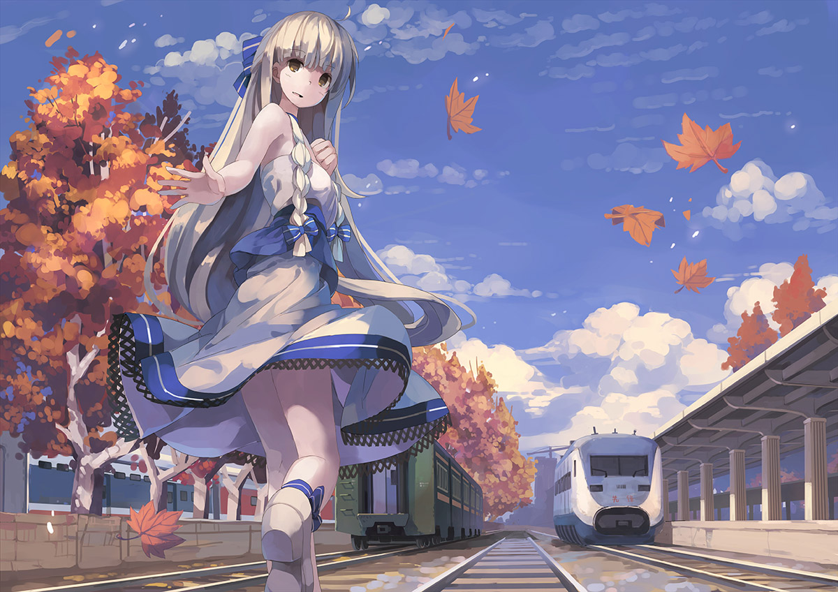 autumn, bow, braids, clouds, gray_hair, huanxiang_huifeng, leaves, long_hair