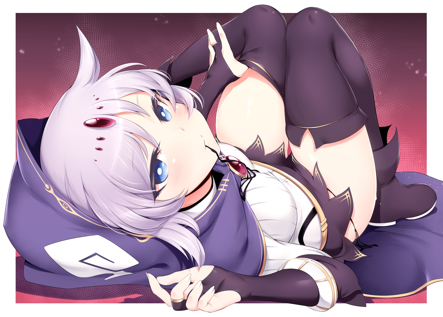atelier_tanaka, blue_eyes, blush, boots, elbow_gloves, gloves, gray_hair, hood, m-da_s-tarou, short_hair, skirt, sophie_(atelier_tanaka), thighhighs