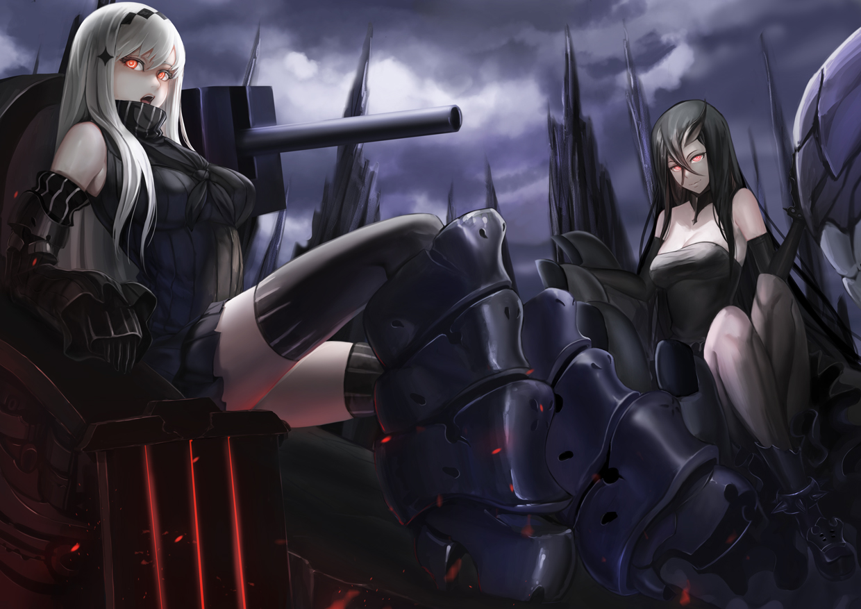 2girls, aircraft_carrier_water_oni, anthropomorphism, armor, battleship_water_oni, black_hair, breasts, cleavage, horns, kantai_collection, long_hair, red_eyes, sturmjager, thighhighs, white_hair