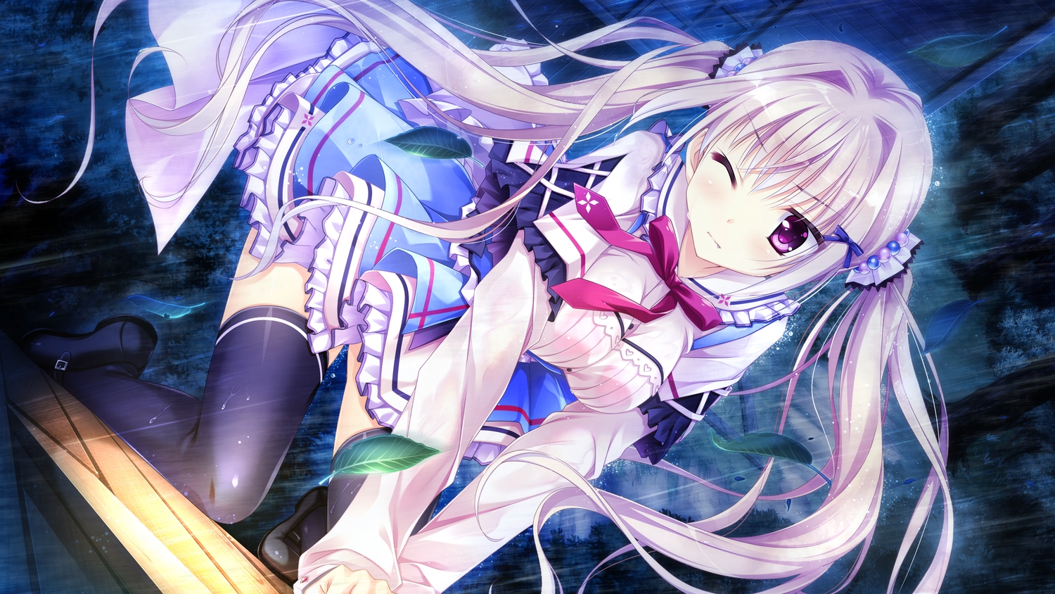 ensemble_(company), game_cg, hiiragi_mio, kimishima_ao, koi_suru_kimochi_no_kasanekata, pink_eyes, school_uniform, thighhighs, twintails, wink