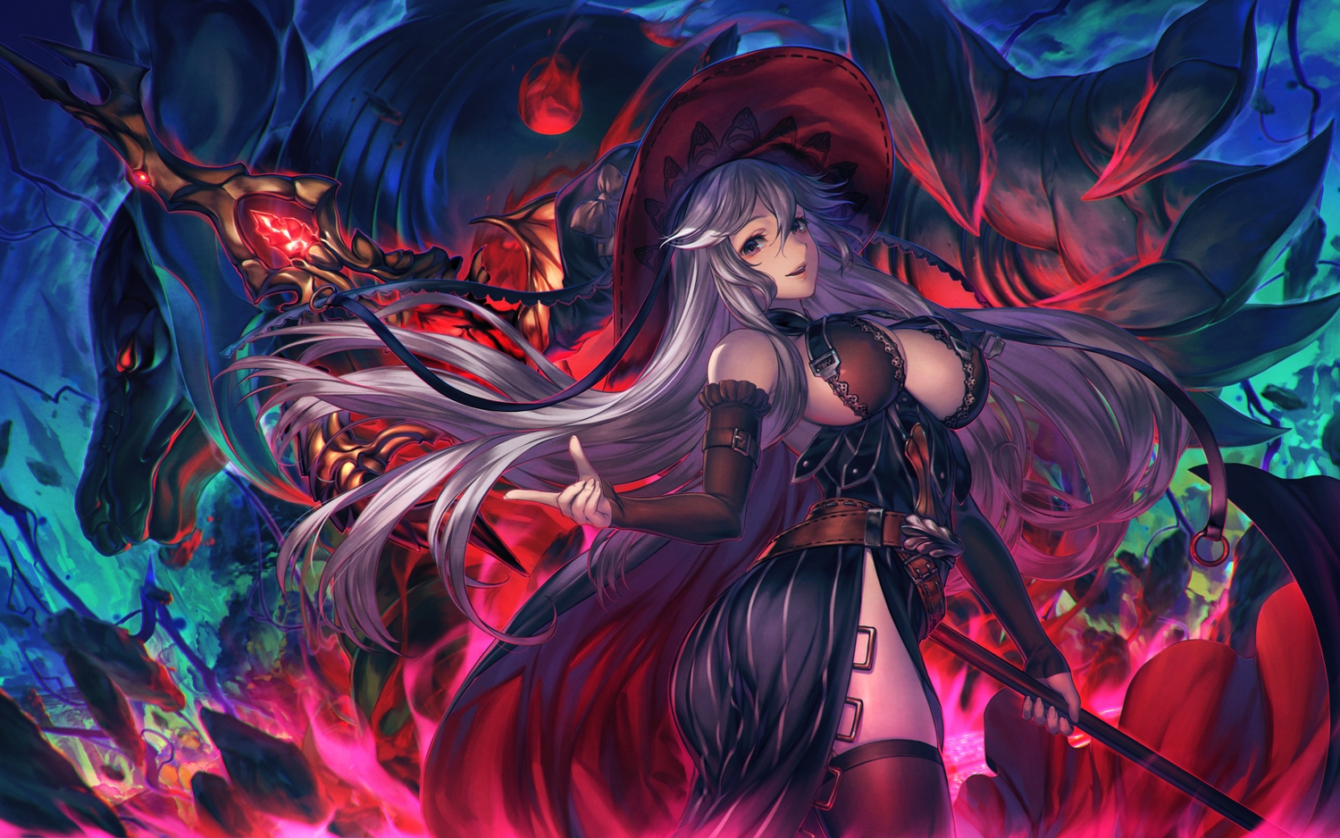 breasts, granblue_fantasy, gray_hair, hat, long_hair, magisa_(granblue_fantasy), morax_(granblue_fantasy), red_eyes, simosi, staff, thighhighs, witch_hat