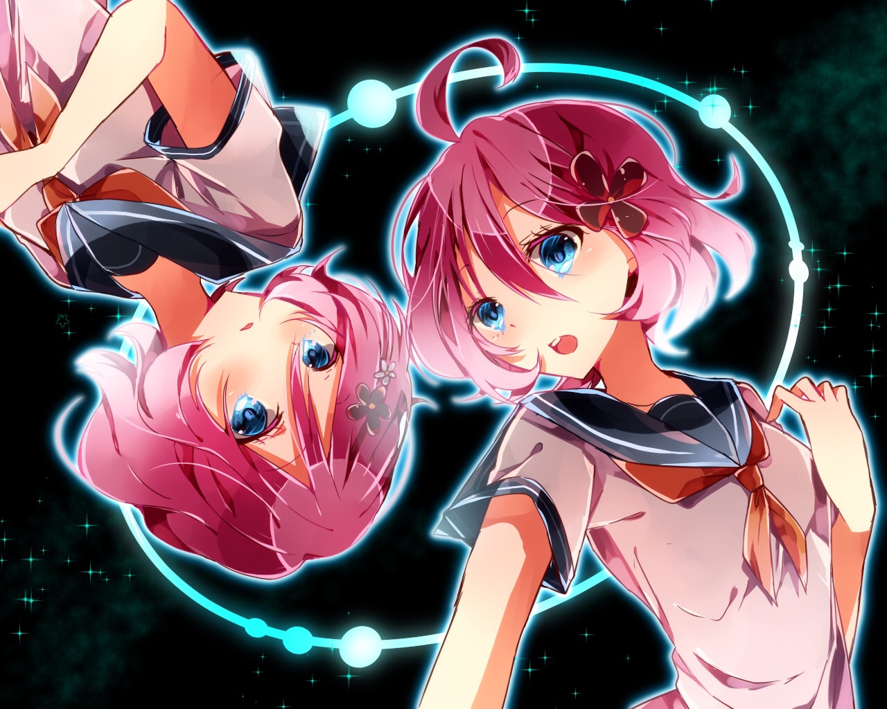 blue_eyes, blush, karakuri_futaba, karakuri_hitoha, naoton, pink_hair, school_uniform, short_hair