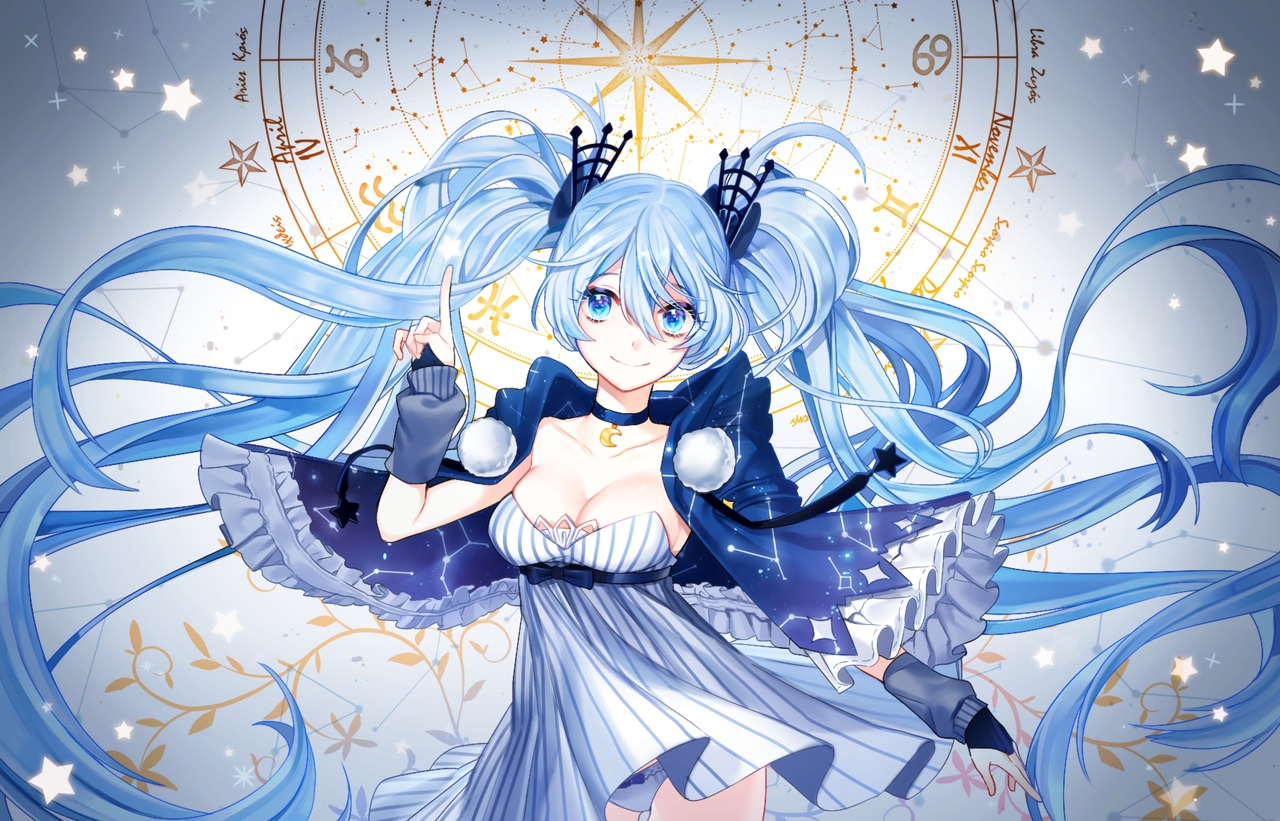 aqua_eyes, aqua_hair, breasts, choker, cleavage, dress, fuyu_no_yoru_miku, hatsune_miku