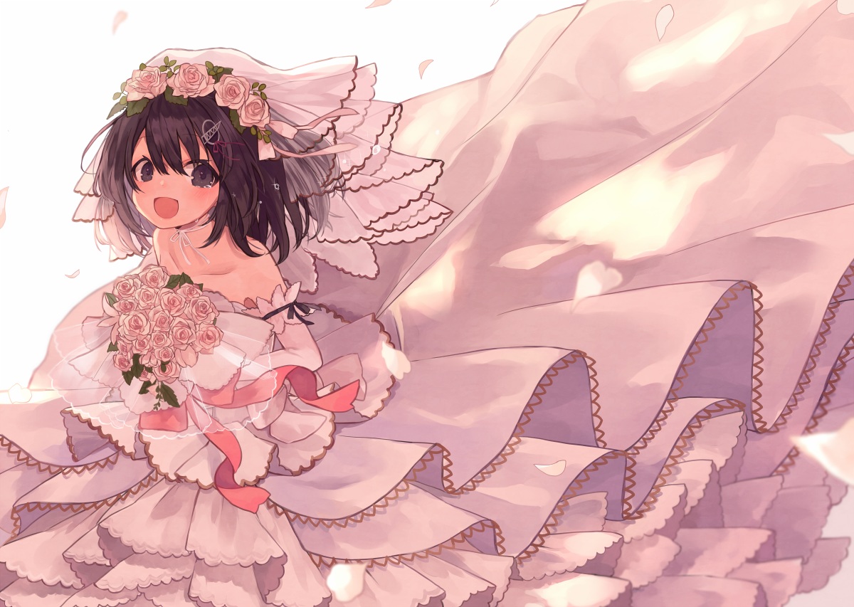 anthropomorphism, brown_eyes, brown_hair, choker, flowers, haguro_(kancolle), haruka_(reborn), headdress, kantai_collection, rose, wedding_attire