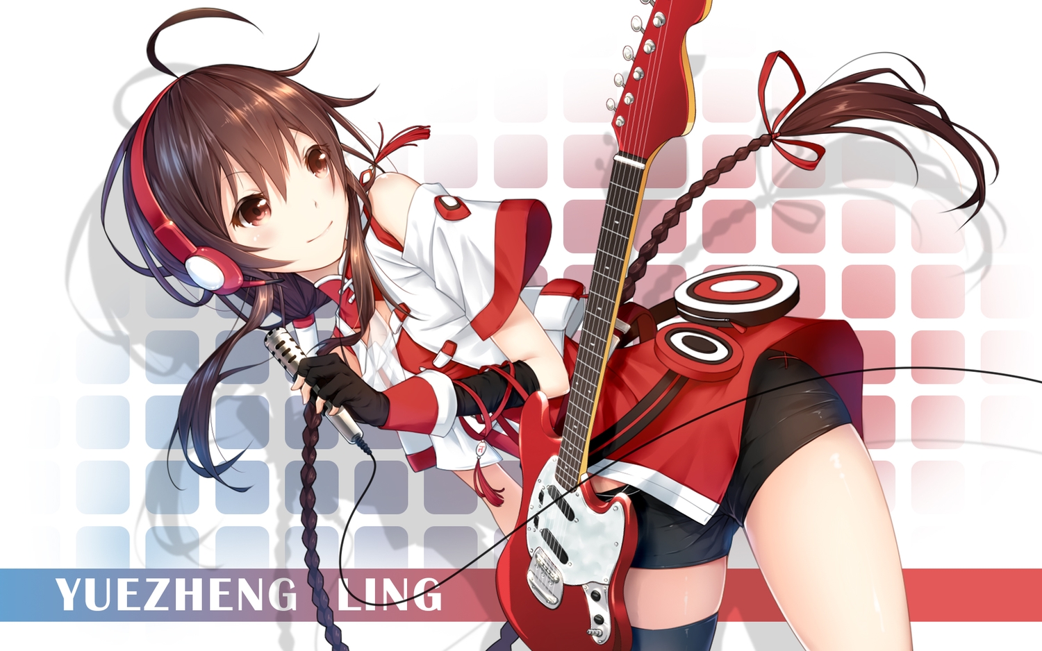 bike_shorts, braids, brown_eyes, brown_hair, gloves, guitar, headphones, instrument, kurisu_tina, long_hair, microphone, shorts, thighhighs, vocaloid, vsinger, yuezheng_ling