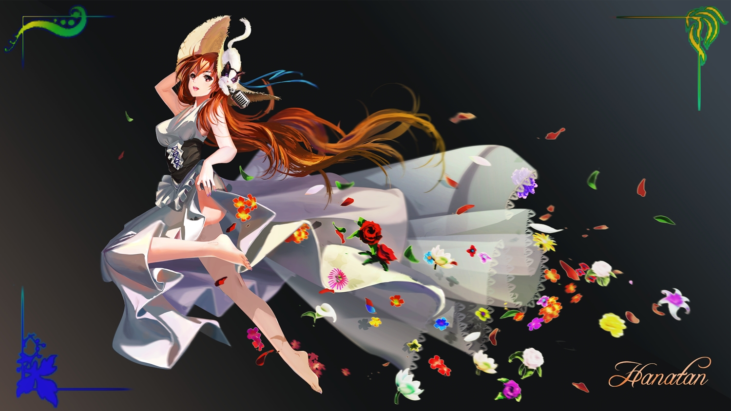 animal, barefoot, blonde_hair, cat, dress, flowers, hanatan, hat, long_hair, microphone, nico_nico_singer, red_eyes, ushas