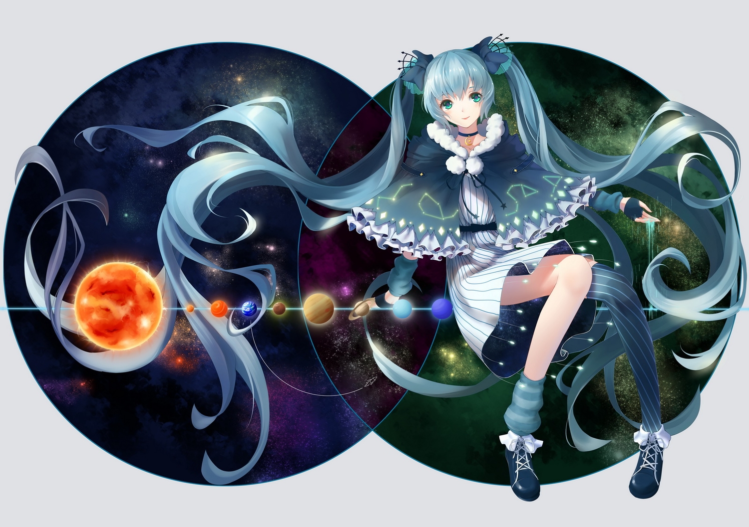 aqua_eyes, aqua_hair, catcan, dress, fuyu_no_yoru_miku, hatsune_miku, long_hair, planet