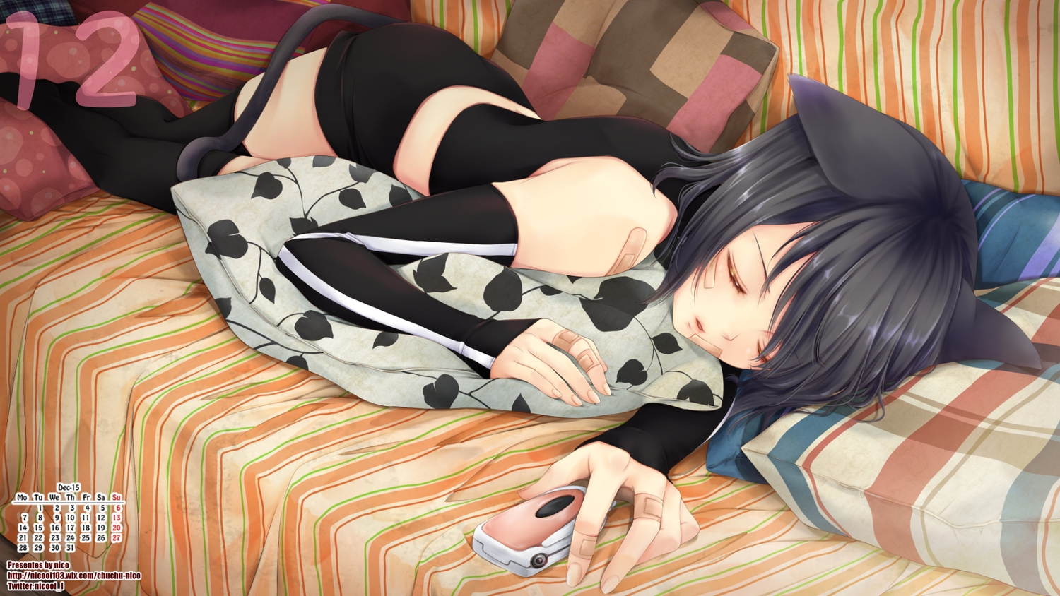 all_male, animal_ears, aoyagi_ritsuka, bandaid, calendar, catboy, loveless, male, nico_(nicool), otoko_no_ko, phone, sleeping, tail, thighhighs, watermark