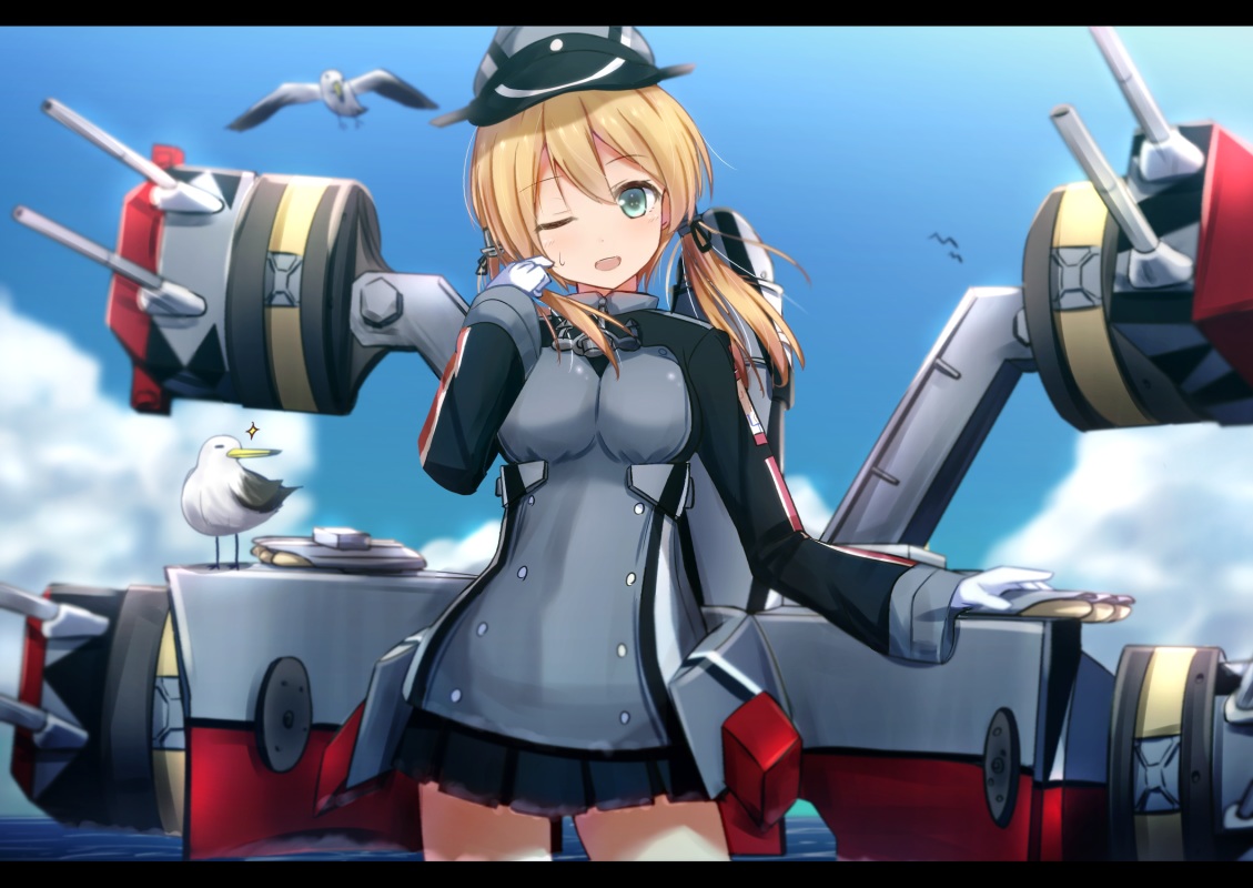 animal, anthropomorphism, bird, blonde_hair, clouds, cuon_(kuon), green_eyes, kantai_collection, prinz_eugen_(kancolle), sky, uniform, water
