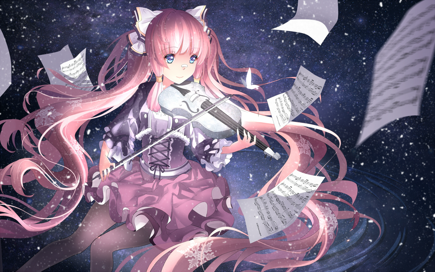 aqua_eyes, instrument, long_hair, original, pantyhose, pink_hair, twintails, violin