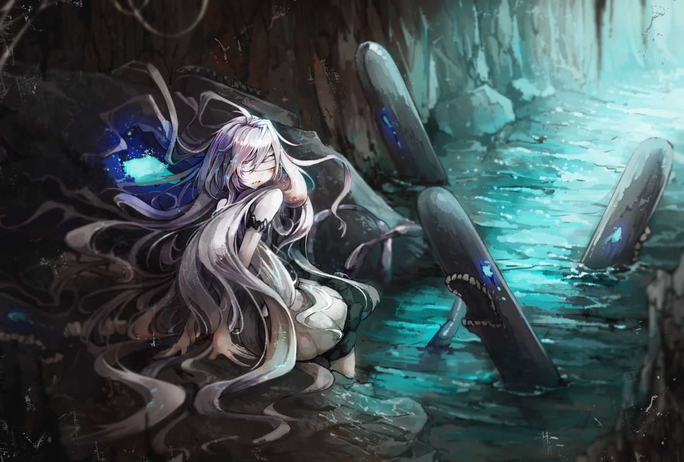 anthropomorphism, blindfold, dress, kajaneko, kantai_collection, submarine_hime, water, white_hair