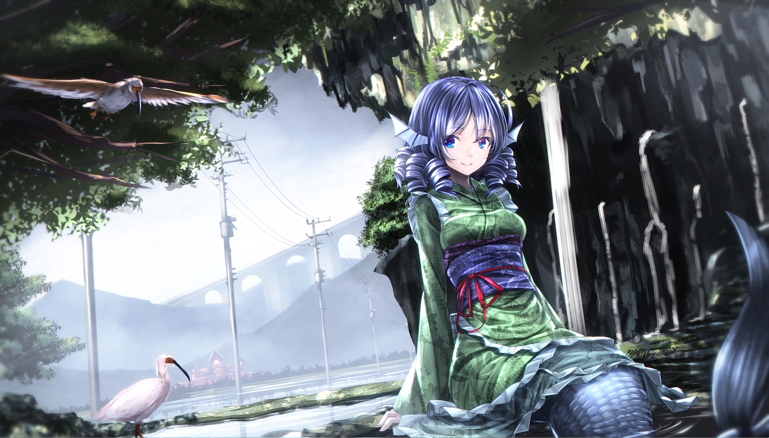 aliasing, animal, bird, blue_eyes, blue_hair, japanese_clothes, lolita_fashion, mermaid