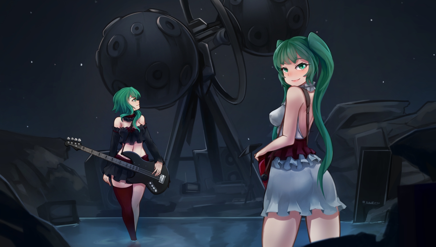 2girls, arceon, green_eyes, green_hair, guitar, gumi, hatsune_miku, instrument