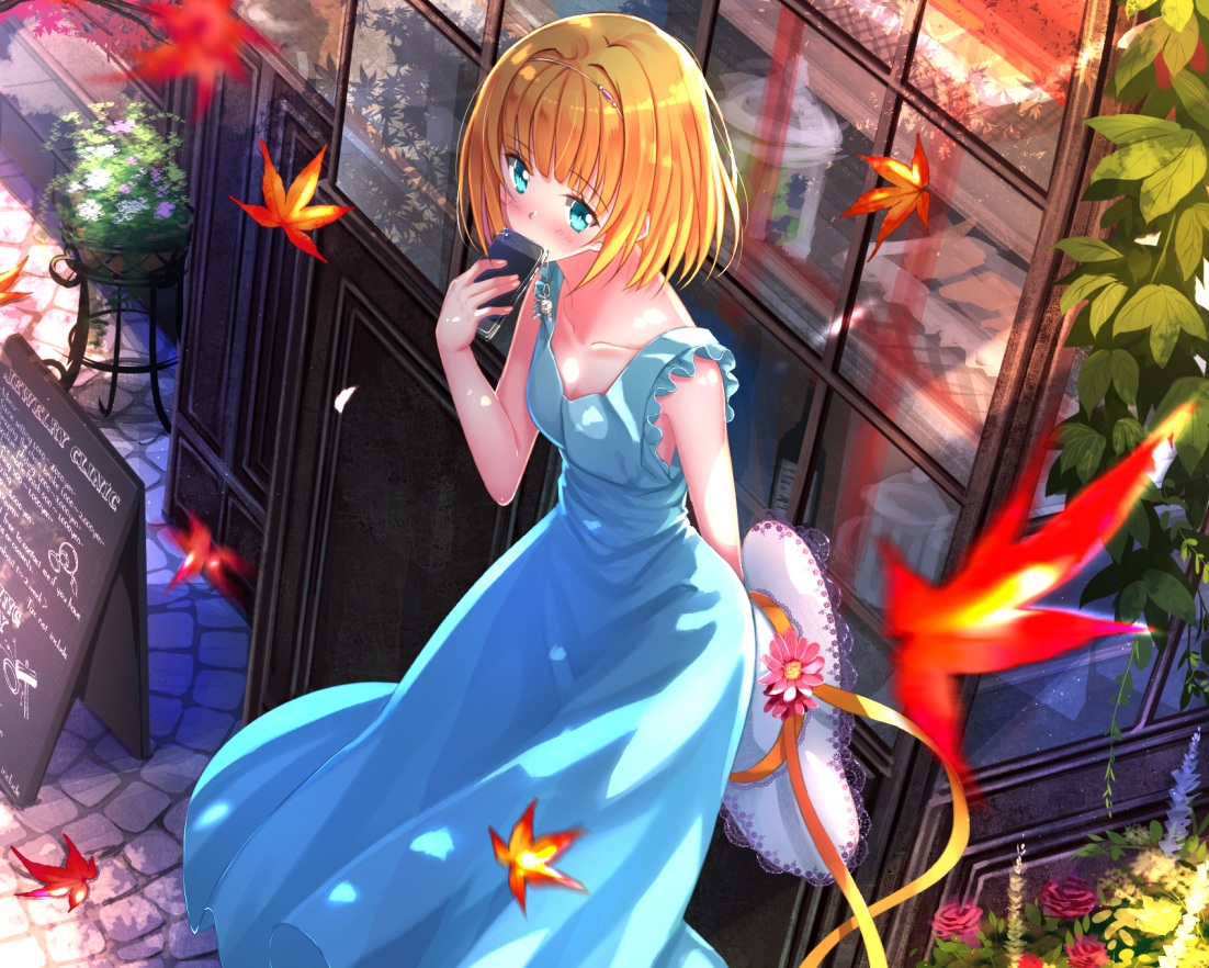 autumn, blonde_hair, blue_eyes, cropped, dress, flowers, hat, headband, heavy_object, leaves, milinda_brantini, phone, short_hair, swordsouls