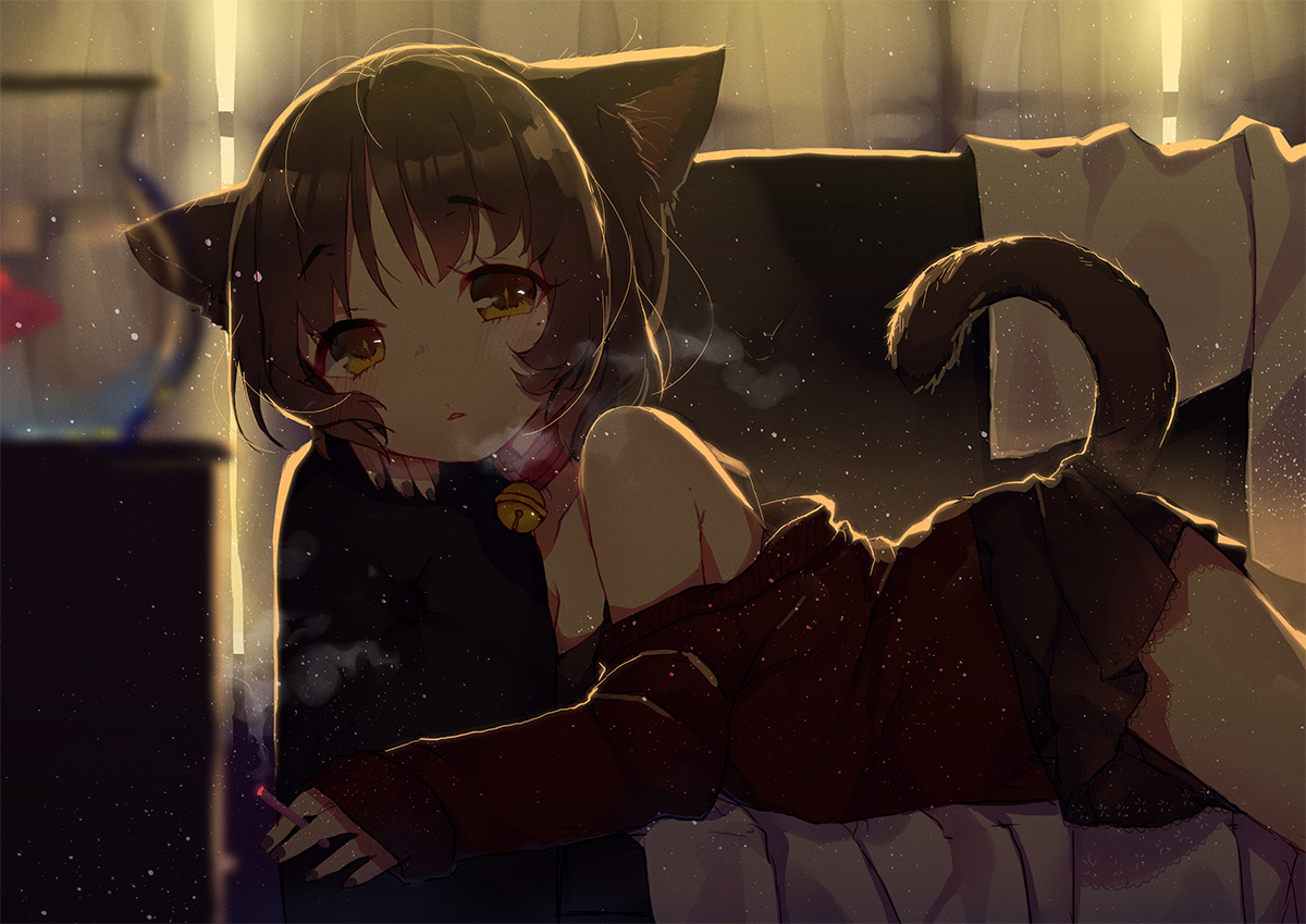 acidear, animal_ears, bell, brown_hair, catgirl, cigarette, couch, jpeg_artifacts, original, shorts, skirt, tail, yellow_eyes