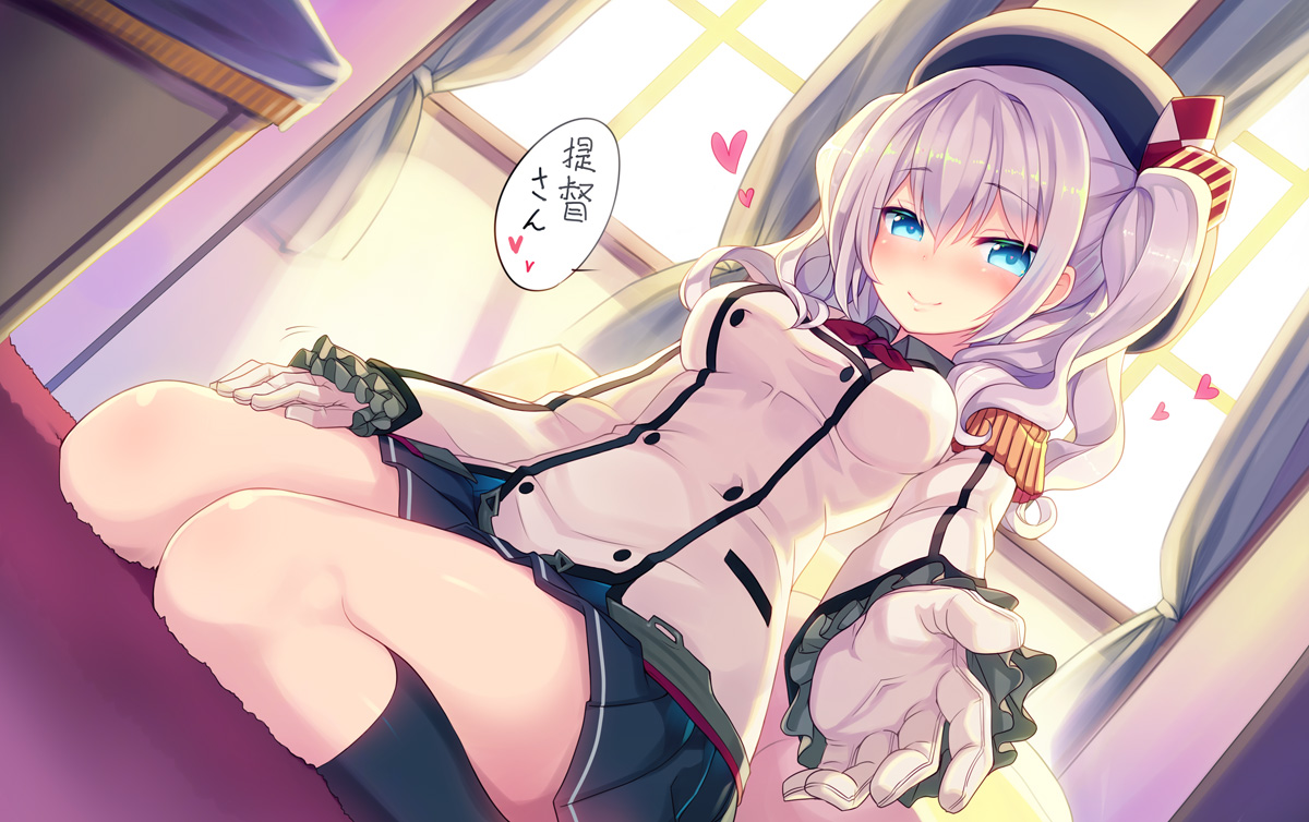anthropomorphism, aqua_eyes, blush, gloves, hat, heart, jpeg_artifacts, kantai_collection, kashima_(kancolle), kneehighs, minamura_halki, skirt, twintails, uniform
