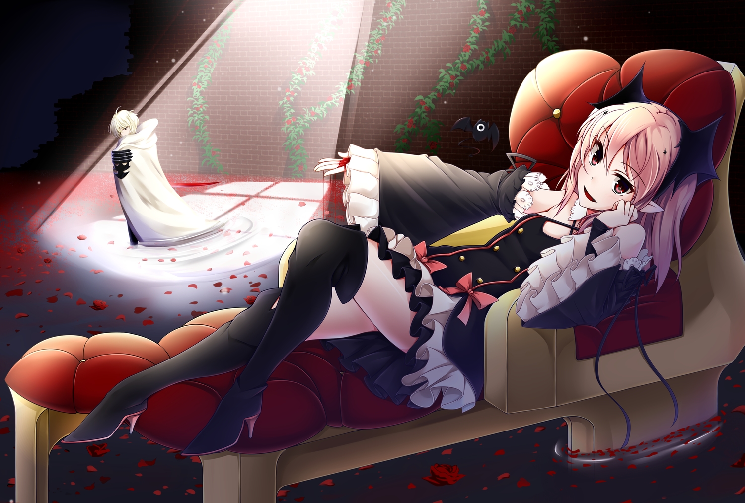 boots, dress, fang, hyakuya_mikaela, kotohane, krul_tepes, long_hair, owari_no_seraph, petals, pink_hair, pointed_ears, thighhighs, vampire, water, wings