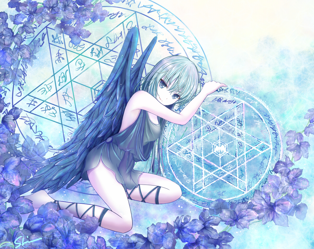 blue_eyes, dress, flowers, green_hair, magic, original, shino_(shinderera), wings