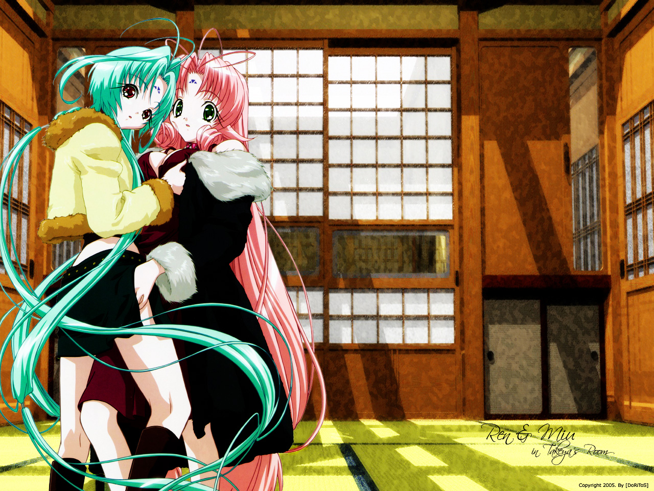 dears, green_eyes, green_hair, long_hair, miu_(dears), pink_hair, red_eyes, ren_(dears)