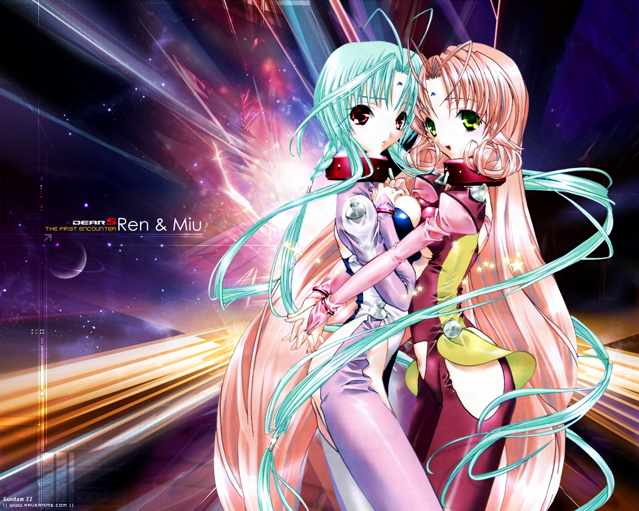 dears, green_eyes, green_hair, long_hair, miu_(dears), pink_hair, red_eyes, ren_(dears)