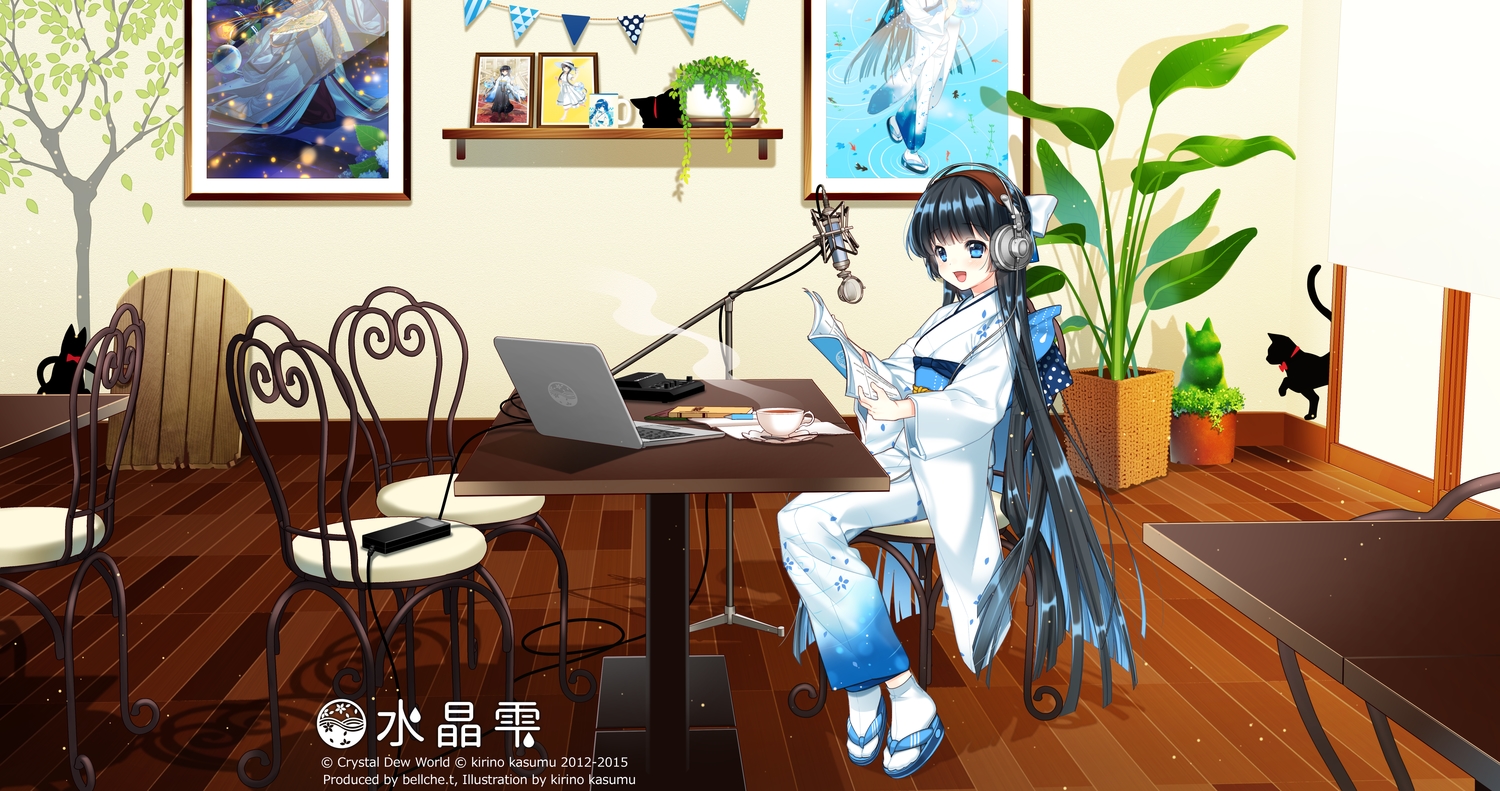 aliasing, black_hair, blue_eyes, crystal_dew_world, headphones, japanese_clothes, kirino_kasumu, long_hair