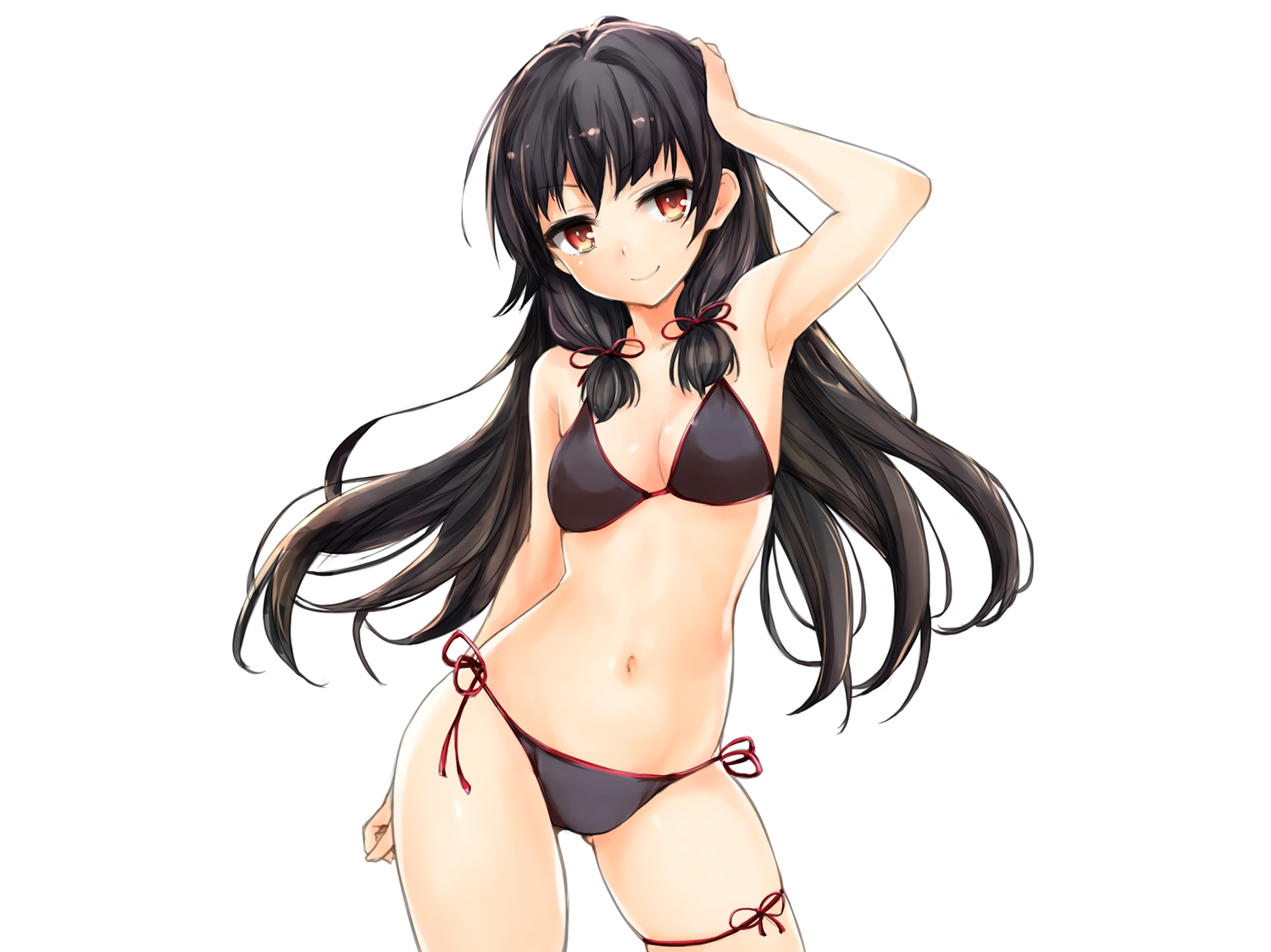 anthropomorphism, bikini, black_hair, breasts, cleavage, harino646, isokaze_(kancolle), kantai_collection, long_hair, navel, red_eyes, swimsuit, white