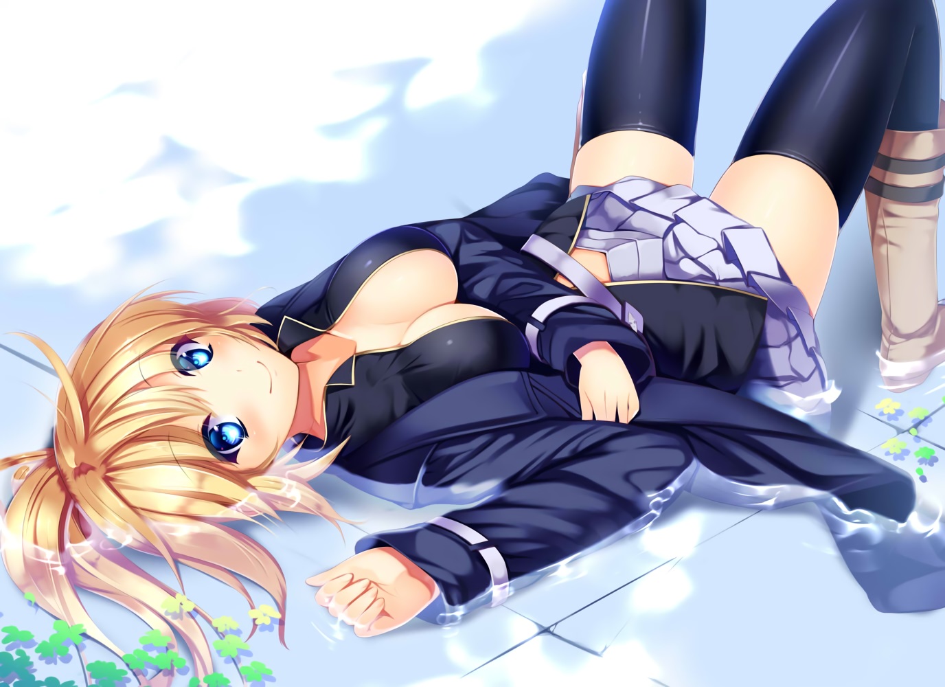 aqua_eyes, blonde_hair, boots, breasts, cleavage, gen_(whiteline), open_shirt, original, ponytail, thighhighs, water, zettai_ryouiki