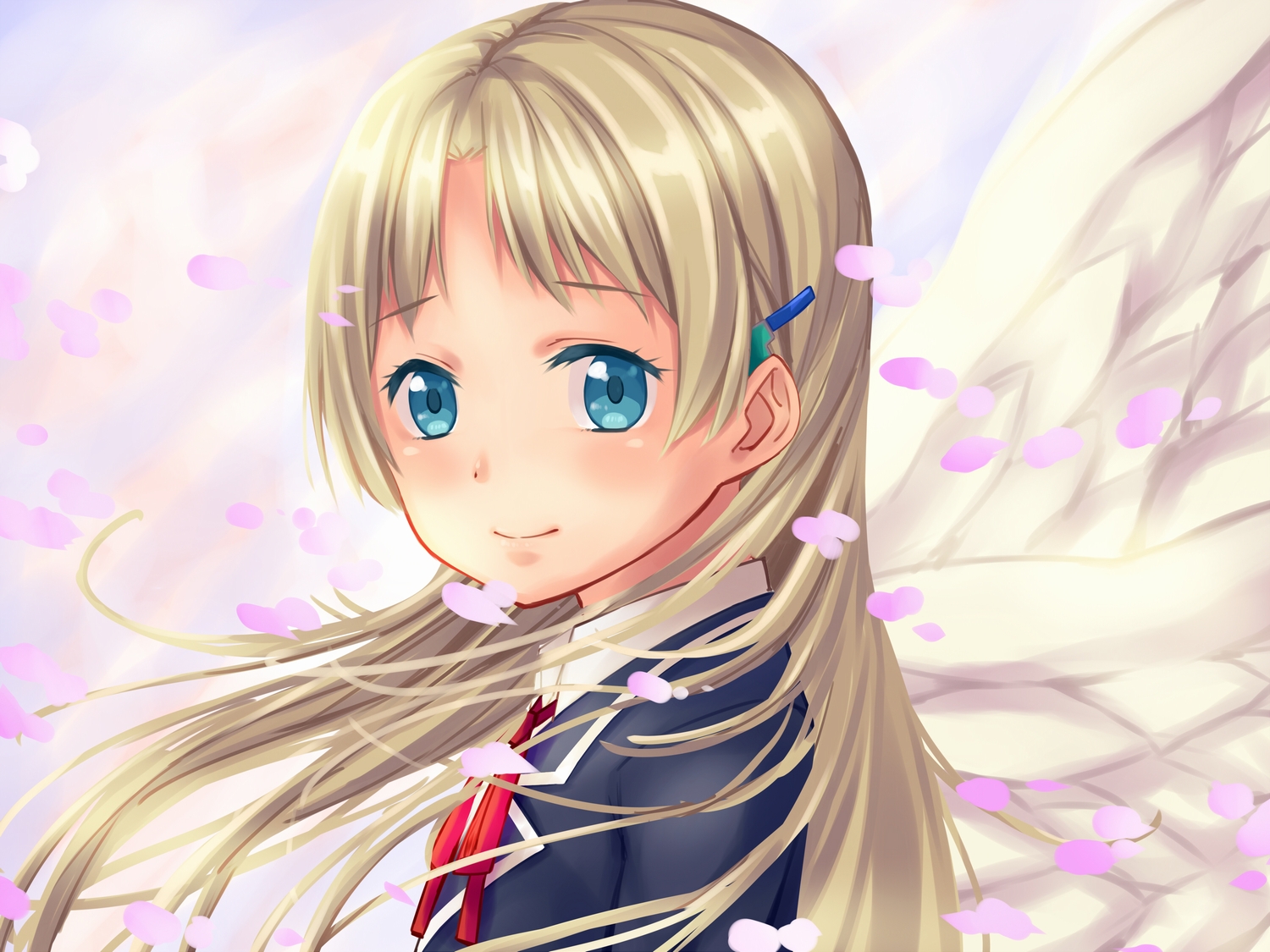 arios_(orochi_yuta), blonde_hair, blue_eyes, chuunibyou_demo_koi_ga_shitai!, dekomori_sanae, long_hair, petals, wings