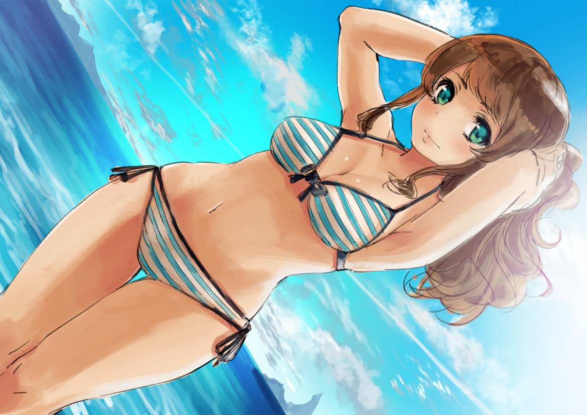 arios_(orochi_yuta), bikini, breasts, brown_hair, cleavage, clouds, green_eyes, long_hair, navel, original, sky, swimsuit, water