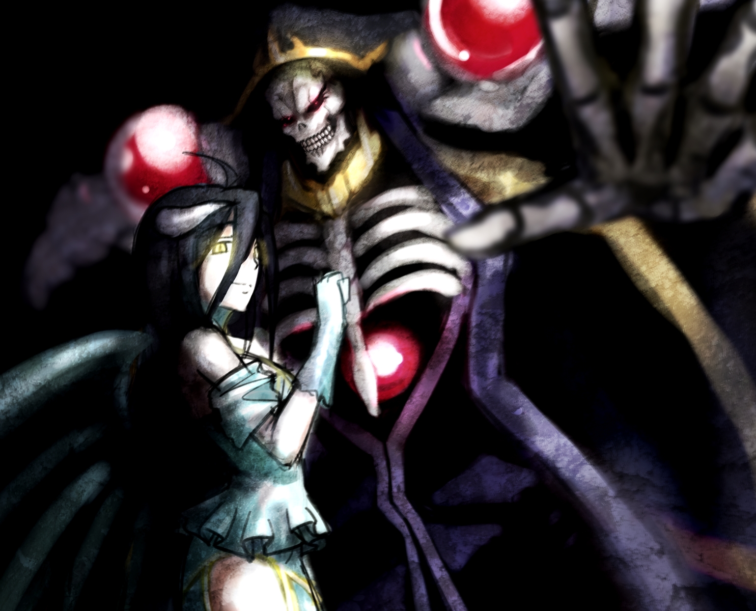 ainz_ooal_gown, albedo, black_hair, bones, demon, horns, long_hair, male