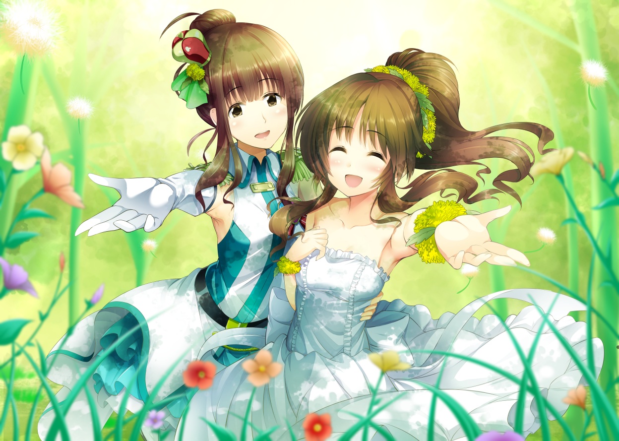 2girls, aliasing, brown_hair, flowers, gloves, idolmaster, idolmaster_cinderella_girls, ment, ponytail, takamori_aiko, wedding_attire