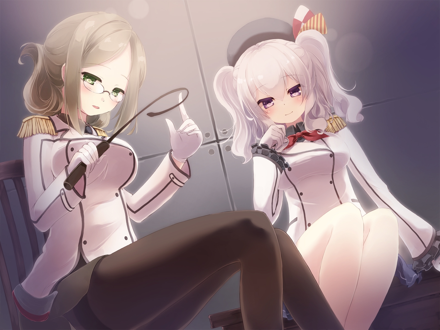 2girls, anthropomorphism, blonde_hair, gengetsu_chihiro, glasses, gloves, hat, kantai_collection