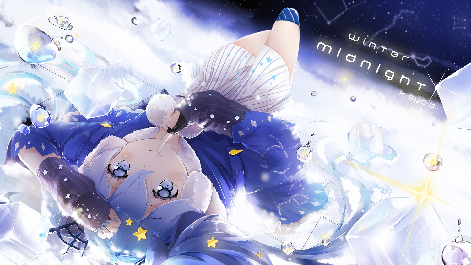 asahi_kuroi, blue_eyes, blue_hair, bubbles, fuyu_no_yoru_miku, hatsune_miku, long_hair, snow, twintails, vocaloid