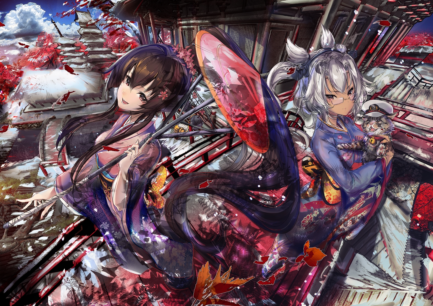 2girls, aliasing, animal, anthropomorphism, building, cat, hat, japanese_clothes, kantai_collection, kimono, musashi_(kancolle), umbrella, xeirn, yamato_(kancolle)