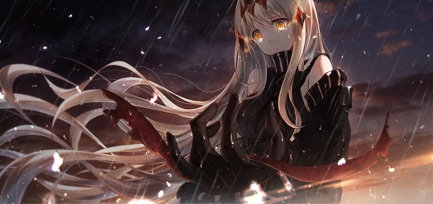 aircraft_carrier_water_oni, anthropomorphism, bae.c, blonde_hair, kantai_collection, long_hair, rain, water