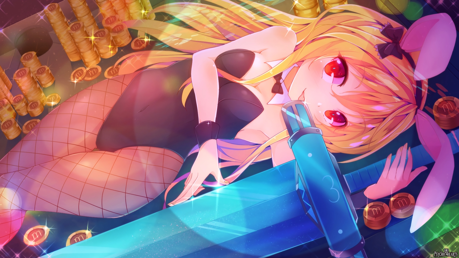 animal_ears, blonde_hair, bunny_ears, bunnygirl, cat_smile, dennryuurai, leotard, logo, pantyhose, psychic_hearts, red_eyes, wristwear