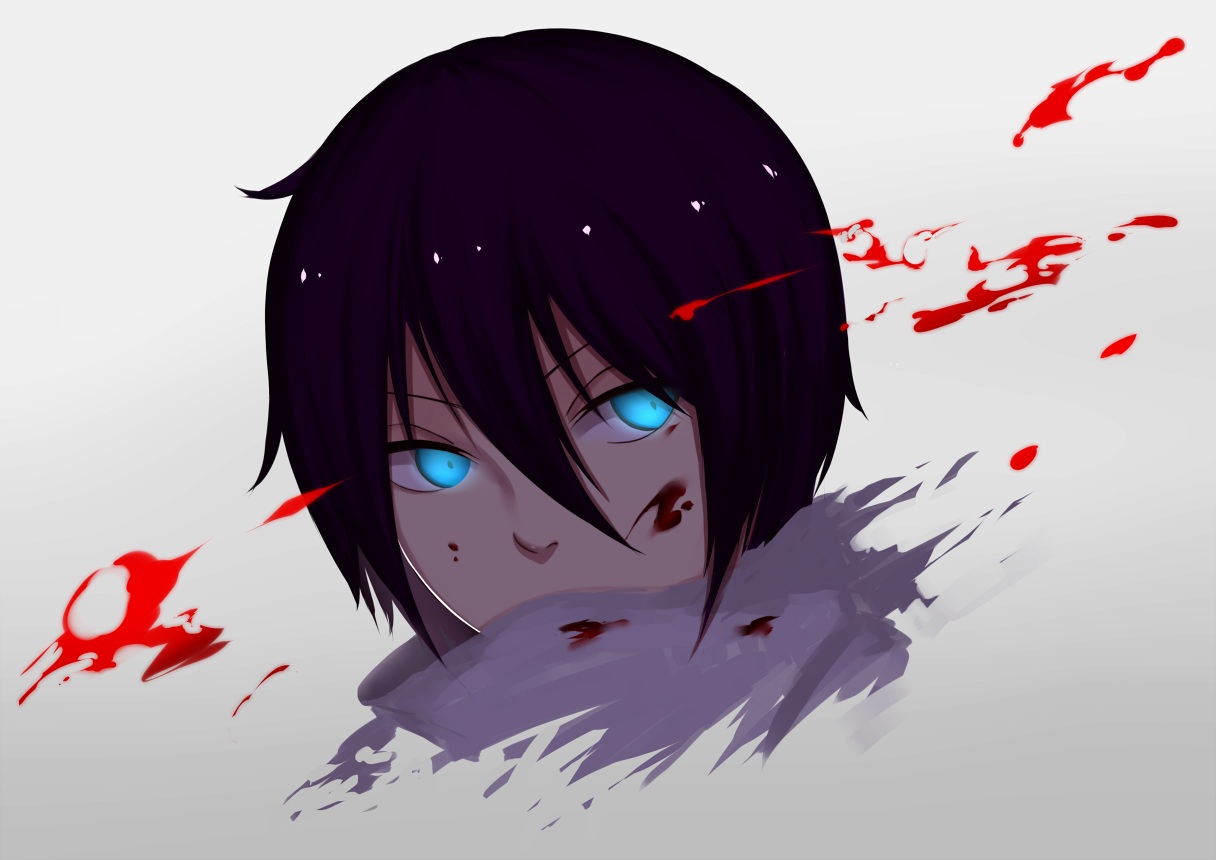 all_male, aqua_eyes, black_hair, blood, male, noragami, short_hair, toki_kiritsu, yato_(noragami)