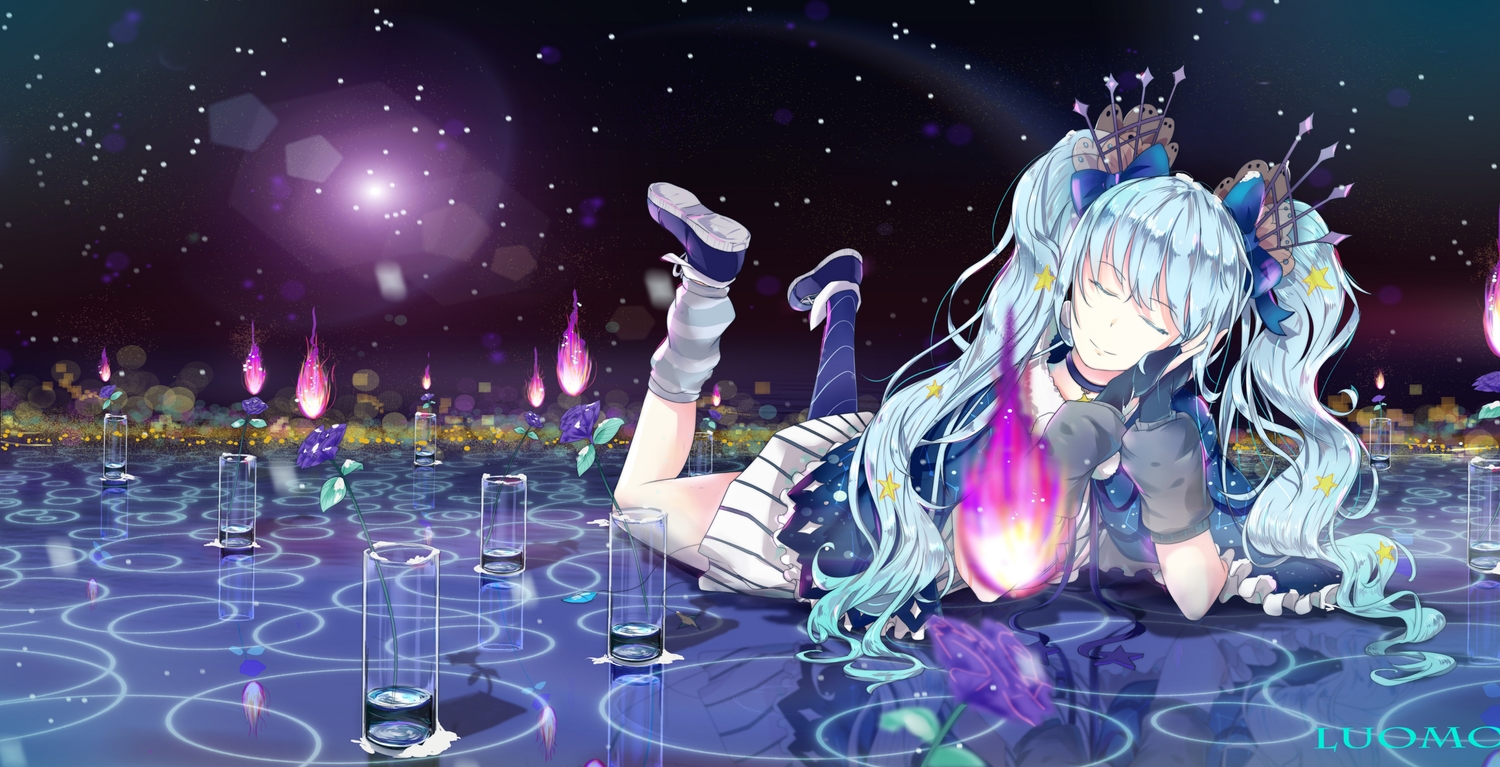 aqua_hair, flowers, fuyu_no_yoru_miku, hatsune_miku, long_hair, luomo, twintails, vocaloid
