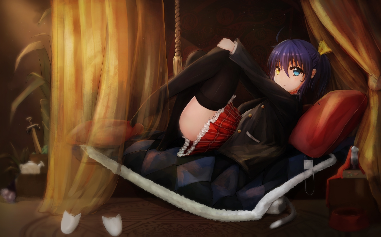 animal, ass, bicolored_eyes, blue_hair, blush, cat, chuunibyou_demo_koi_ga_shitai!, eyepatch