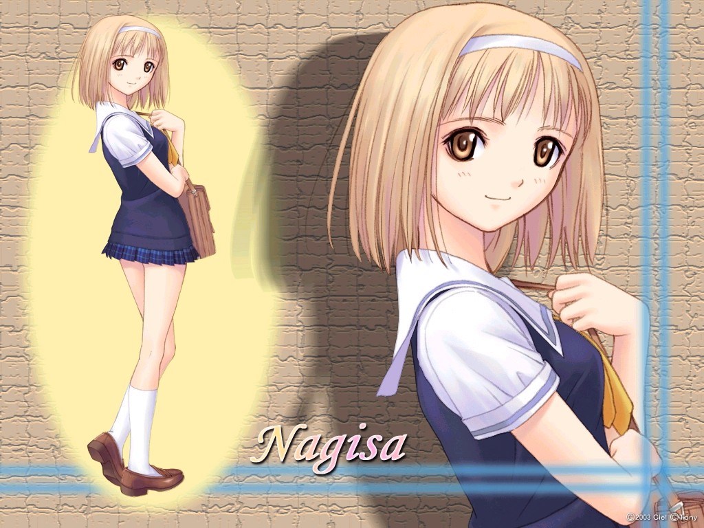 after, blonde_hair, brown_eyes, headband, school_uniform, short_hair, socks, taka_tony