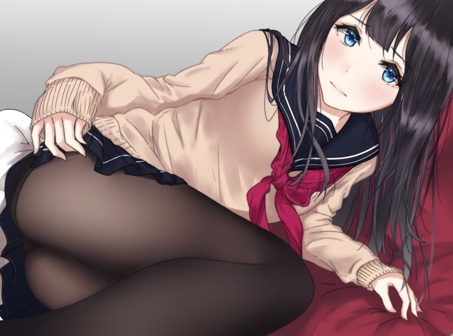 bed, black_hair, blue_eyes, long_hair, original, pantyhose, saitou_(lynx-shrike), school_uniform, skirt_lift