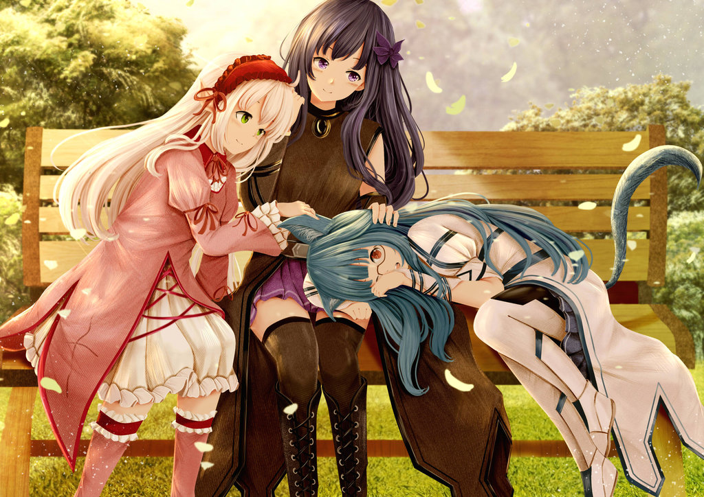 animal_ears, boots, cape, catgirl, garter, glasses, grass, headband